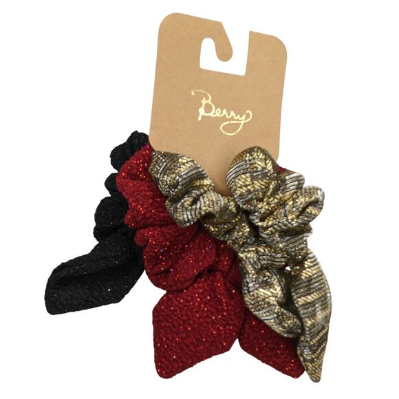 Festive Holiday Scrunchie Set Red, Gold & Black Ponytail Bows - Picture 1 of 5
